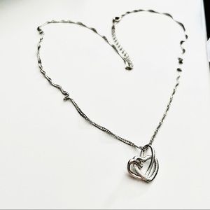 Anthropologie Love Two Hearts Pendant Chain Necklace Platinum Overlay
